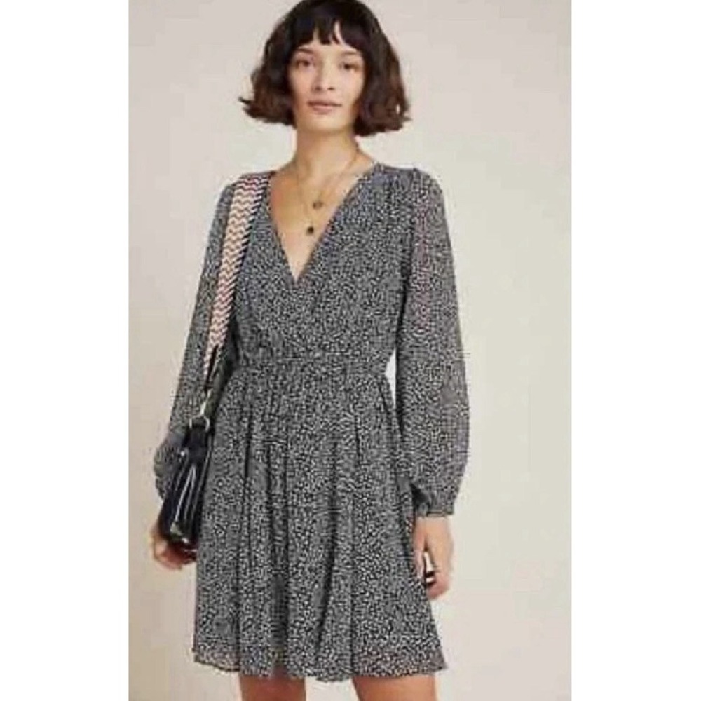 Anthropologie Maeve Dress Carolyn Faux Wrap Mini Black White Leopard Print XS